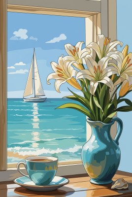 Stillleben am Strand mit Blumen