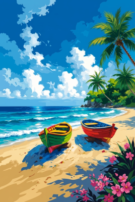 Tropische Strandboote als Gobelin