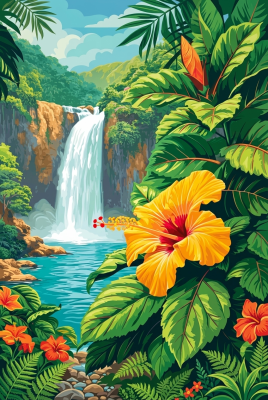 Tropischer Wasserfall mit Hibiskusblüten