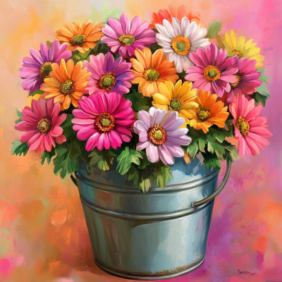 Bunte Blumen im Eimer