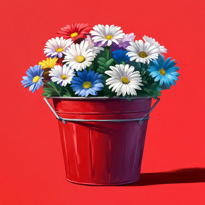 Bunte Blumen in einem roten Eimer