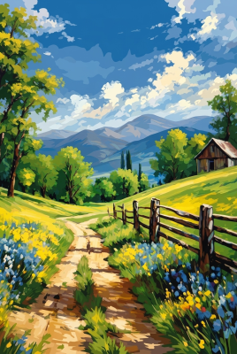 Ländliche Landschaft mit blumigem Weg