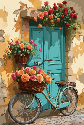 Blumiges Fahrrad mit blauer Tür