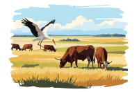 Ungarische Landschaft mit Storch und Kühen