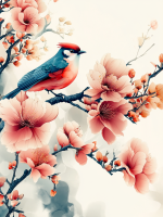 Chinesischer Stil: kleiner Vogel auf einem blühenden Ast