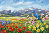Frühlingslandschaft mit einem kleinen Vogel