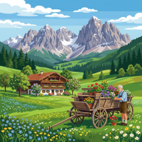 Alpenlandschaft mit blumengeschmücktem Wagen – BG26-0587