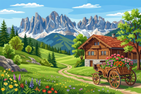 Alpenlandschaft mit blumengeschmücktem Wagen – BG26-0588