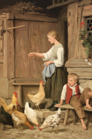 Albert Anker - Kinder füttern Hühner Nachbildung