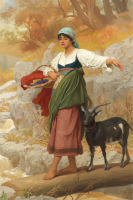 Mädchen mit Ziege am Bach