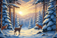 Winterlicher Wald mit Tieren