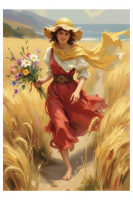 Mädchen mit Blumen auf einer Wiese in Gobelin-Sticktechnik