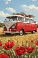 VW-Bus in Mohnblumenfeld