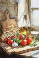 Stillleben mit Brot und Tomaten