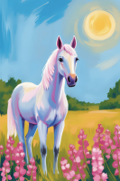 Pferd mit Blumen auf der Wiese