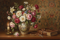 Blumen, Kerze, religiöses Stillleben