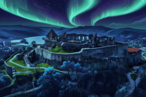 Burg Visegrád bei Nacht, mit Polarlicht