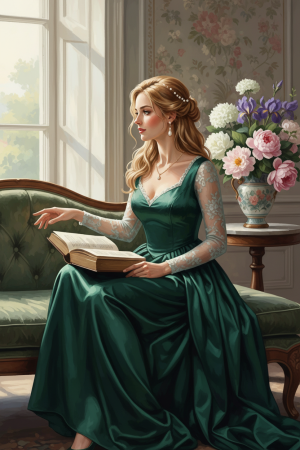 Dame, die ein Buch liest, in grünem Kleid