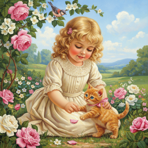 Kleines Mädchen, Kätzchen, Rosengarten, Idylle