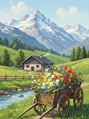 Alpenlandschaft mit blumengeschmücktem Wagen