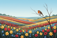 Blumenwiese mit Vogel