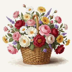 Blumenkorb mit Rosen und Margeriten