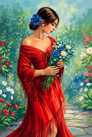 Dame in rotem Kleid mit Blumen
