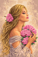 Dame mit rosa Blumen