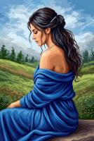 Dame in blauem Kleid auf der Wiese
