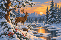 Winterwaldlandschaft mit einem Reh