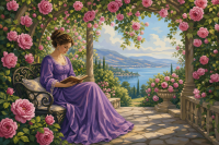 Lesende Dame unter dem Rosenbogen