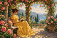 Lesende Dame unter dem Rosenbogen
