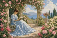 Lesende Dame unter dem Rosenbogen