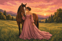 Frau und Pferd im Sonnenuntergang