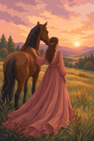 Frau und Pferd im Sonnenuntergang