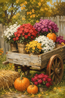 Blumen und Kürbisse in der Schubkarre