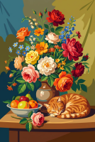 Stillleben mit Blumen und Katze – BG26-0320