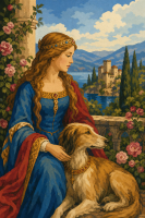 Dame mit einem Windhund beim Schloss