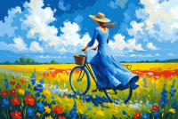 Dame mit Fahrrad auf einer Blumenwiese (Gobelin)