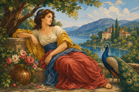 Dame mit Pfau am Seeufer
