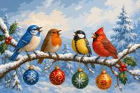 Weihnachtsvögel auf einem schneebedeckten Ast