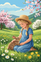 Mädchen mit Kaninchen auf Frühlingswiese