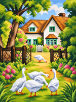 Enten im blühenden Hof