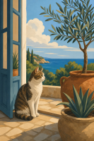 Katze auf der Strandterrasse