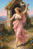 Frau mit Blumen und Tauben