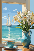 Stillleben am Strand mit Blumen