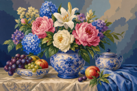 Blumenstillleben mit blauem Porzellan
