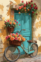 Blumiges Fahrrad mit blauer Tür