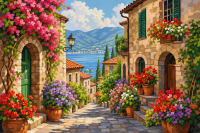 Blühende italienische Straße