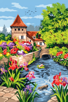 Blumiges Haus am Wasser (Gobelin)